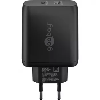 USB-C dvigubas greitas įkroviklis, PD, GaN, 65 W (juodas, 1x USB-C, 1x USB-A, Power Delivery)