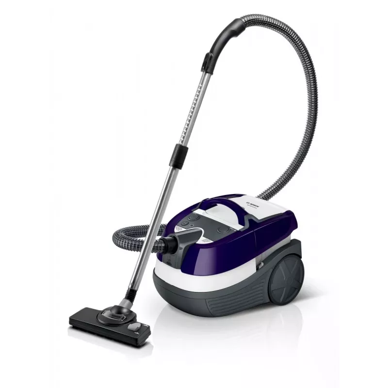 Šlapio ir sauso valymo dulkių siurblys Bosch BWD 41740 AquaWash&Clean — 1700 W, 5 L talpa, EPA filtras, teleskopinis vamzdis, 9 m spindulys, violetinis