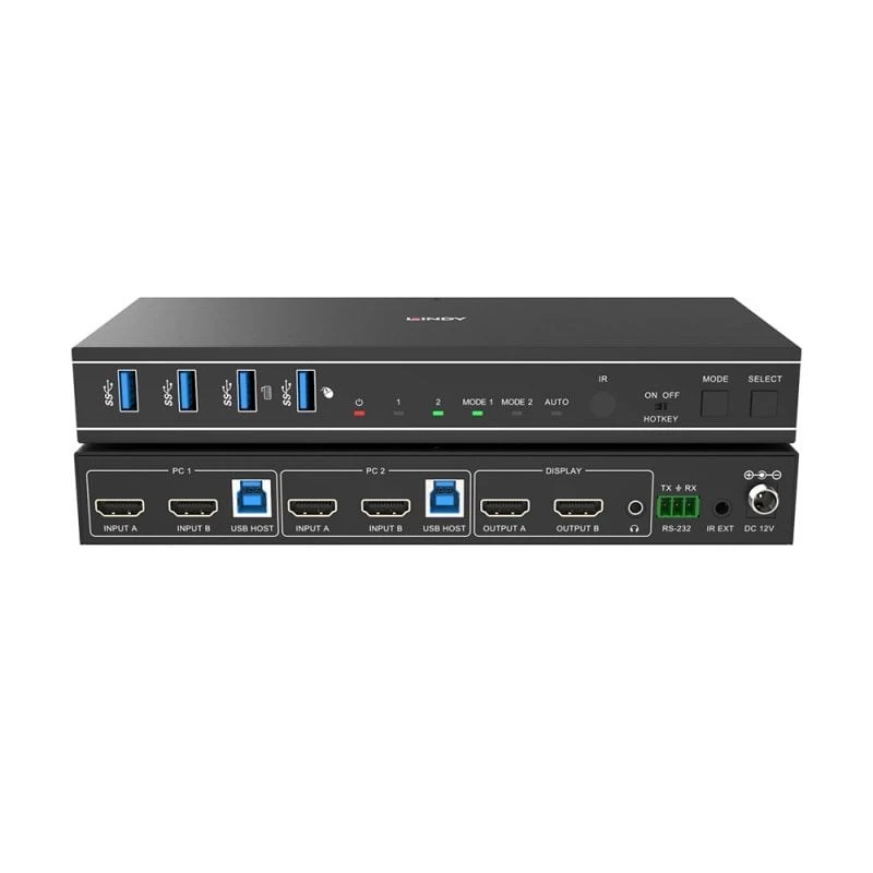 Lindy 2 prievadų dviejų ekranų HDMI 4K60, USB 3.0 KVM jungiklis, 4096 × 2160 pikselių, 4K Ultra HD, juodas