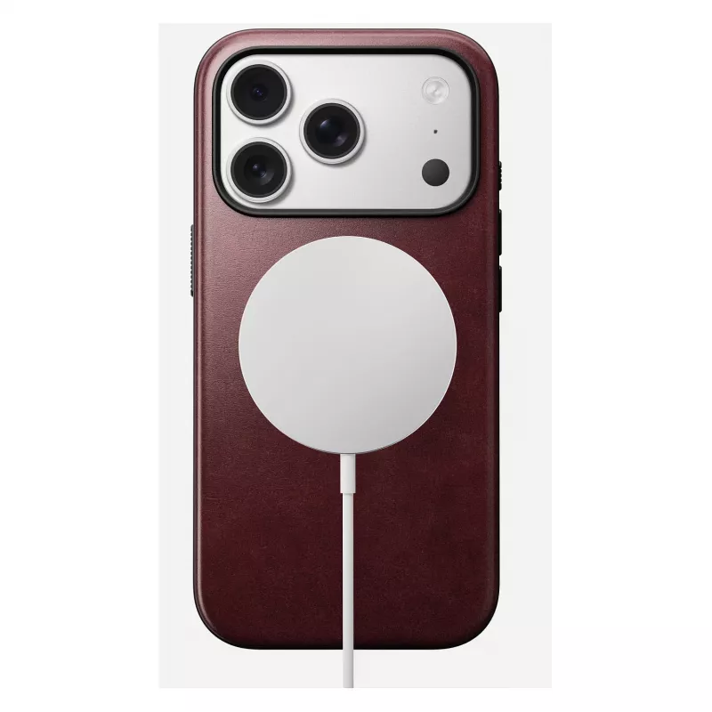 Mobiliojo telefono dėklas Nomad Modern Leather Case, skirtas iPhone 17 Pro, oda + TPU + PC, tinka 16 cm (6,3 colio) ekranui, Bordo spalva