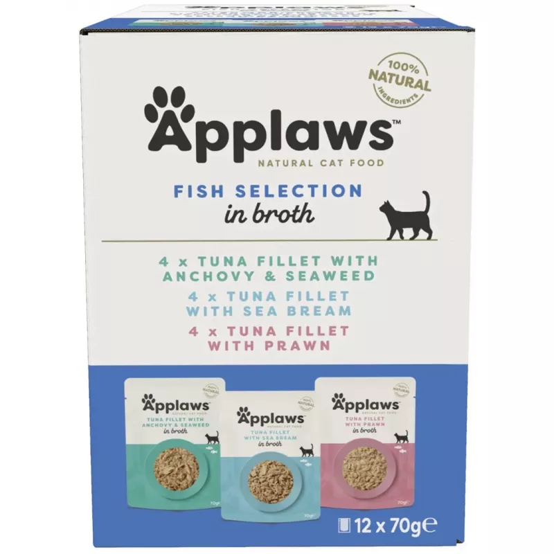 Applaws daugiapakuotė šlapio ėdalo katėms su žuvies asorti sultinyje, 12 × 70 g
