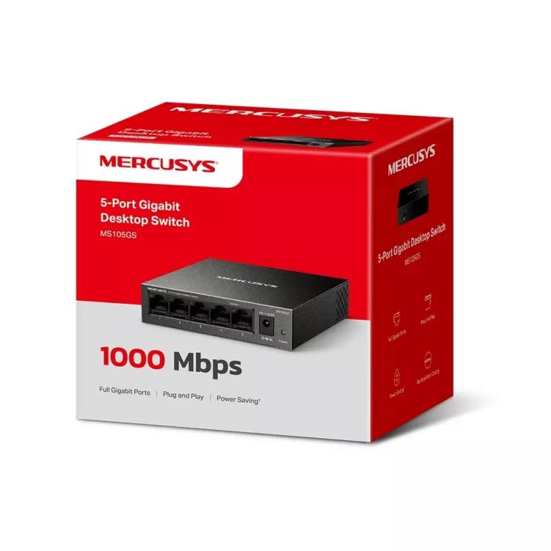 Mercusys MS105GS – stalinis jungiklis, 5 Gigabit prievadai, juodas