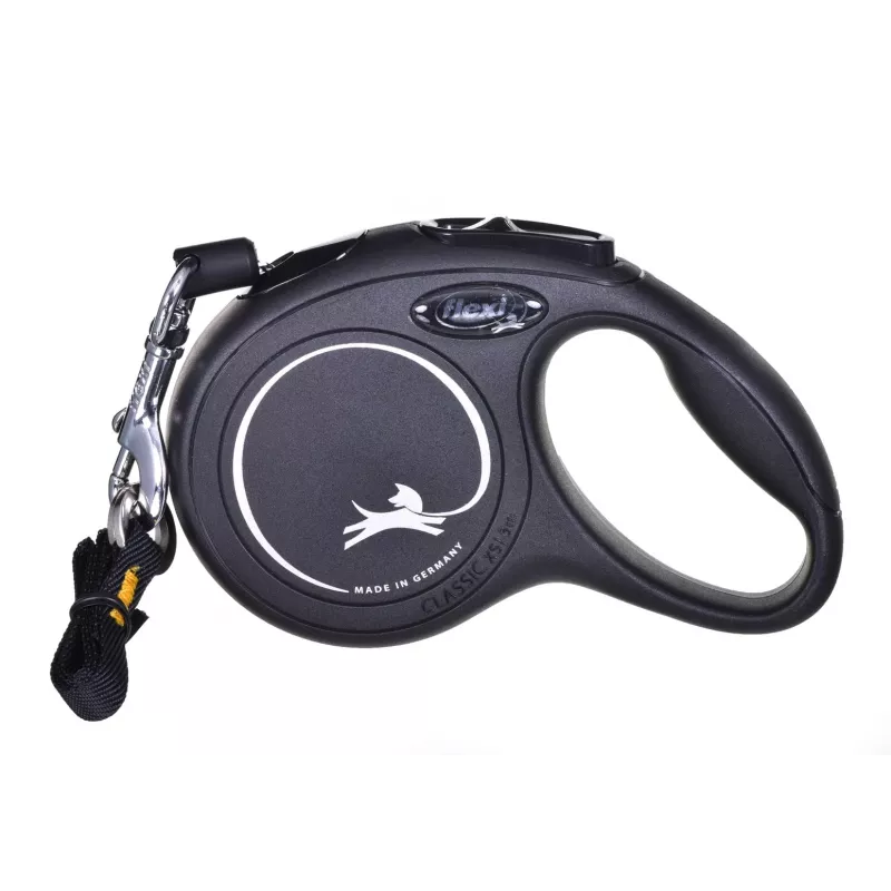 Ištraukiamas pavadėlis Flexi New Classic Cat XS 3 m – virvelinis pavadėlis mažiems augintiniams, juodas, maks. apkrova 8 kg