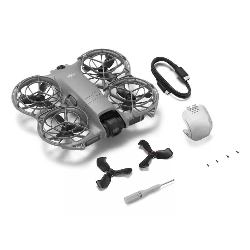 Dronas DJI Neo 2 – 4 rotoriai, 12 MP kamera, 2688×1512 vaizdo įrašas, 1606 mAh baterija, 49 GB vidinė atmintis, Wi‑Fi ir Bluetooth