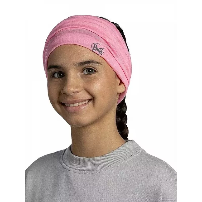 Vaikiška daugiafunkcinė Buff bandana iš merino vilnos – šviesiai rožinė, besiūlė, lengva
