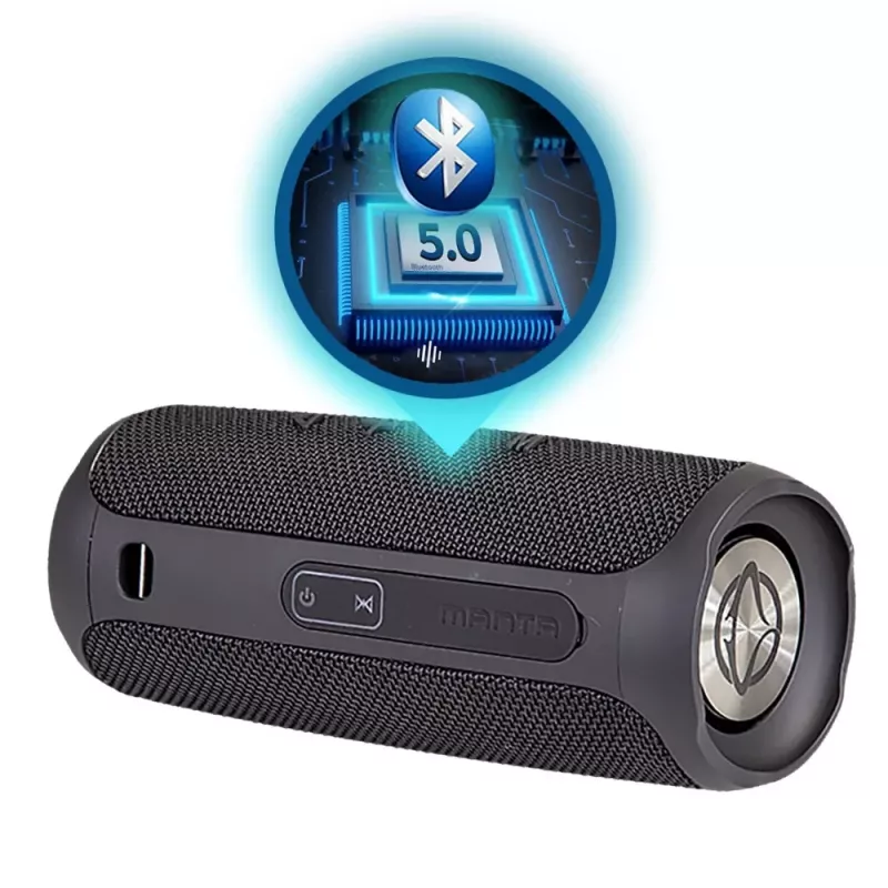 Nešiojamas garsiakalbis MANTA SPK130GO BT – Bluetooth 5.0, TWS, FM, 10W RMS, įkraunamas (juodas, 8×8×19 cm)