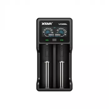Įkroviklis baterijoms XTAR VC2SL — USB 5V 1A, LCD, įkrauna 2 elementus, tinka Li‑Ion/NiMH/NiCd, dydžiai A/AA/AAA/AAAA/C/D/SC, juodas