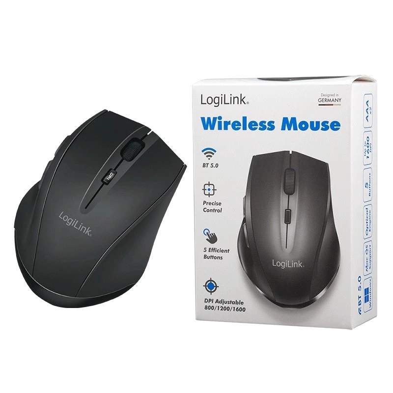 Logilink belaidė pelė BT5.0, ergonomiška, juoda