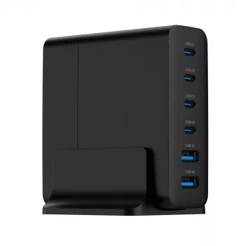 GEMBIRD TA-UC-2A4C-PD75-01-BK universalus įkroviklis 75W, 4× USB-C + 2× USB-A, PD & QC3.0, 6 įrenginių vienu metu, 1,5 m laidas, juodas