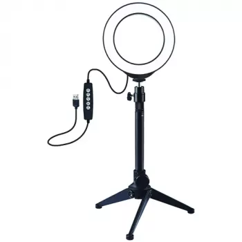 LED žiedinė šviesa 12 cm su staliniu trikoju iki 24,5 cm, USB, RGBW