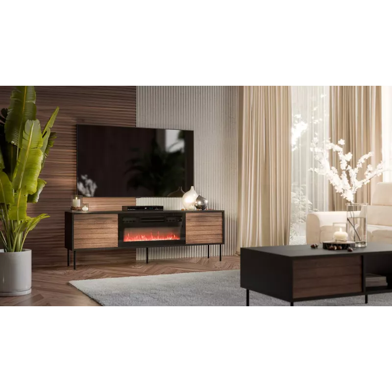 TV spintelė Cama CORTINA 180x40x60 cm juoda/riešutas su juodu elektriniu židiniu