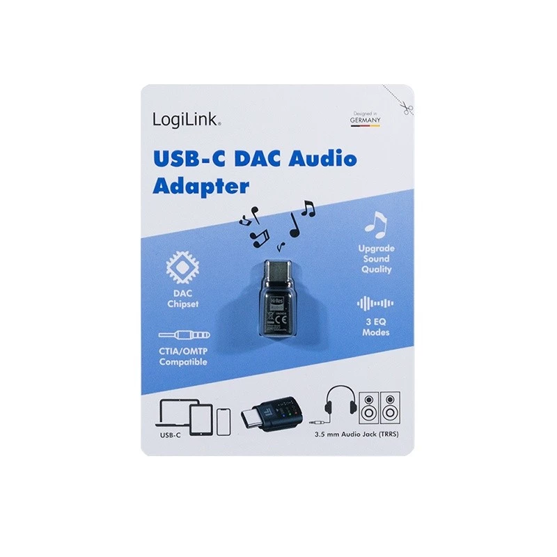 LogiLink USB-C DAC garso adapteris. USB-C (vyriškas) į 3,5 mm lizdą (moteriškas). Juodas