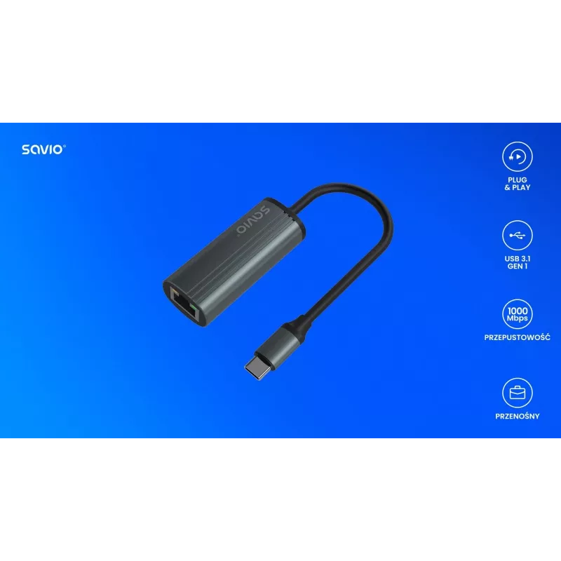 SAVIO Adapter USB-C 3.1 Gen.1 (vyriškas) į RJ-45 Gigabit Ethernet (moteriškas), 1000 Mbps, AK-56, pilka