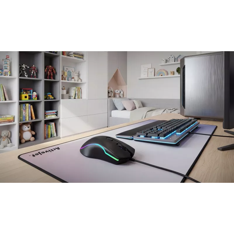 Laidinė šildoma žaidimų pelė ActiveJet AMY-W390 – ambidekstrinė, optinė 2000 DPI, USB Type-A, 4 mygtukai, juoda