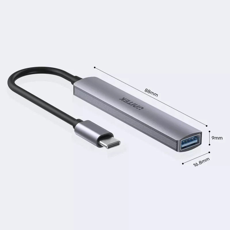 USB-C stotelė Unitek H1208B – 1x USB-A 5 Gbps, 3x USB-A 2.0, USB-C jungtis, aliumininis korpusas, 0,20 m laidas