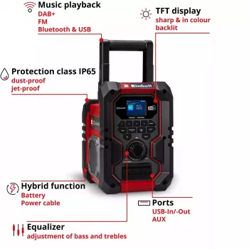 Nešiojamas radijo imtuvas EINHELL TE-CR 18 Li DAB+ FM Bluetooth USB, maitinamas baterija (TE-CR 18 Li suderinamas)