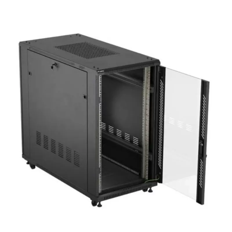 Stovo spinta LANBERG FF01-6222-12B 22U 600x1200 mm juoda su stiklinėmis priekinėmis ir galinėmis durelėmis