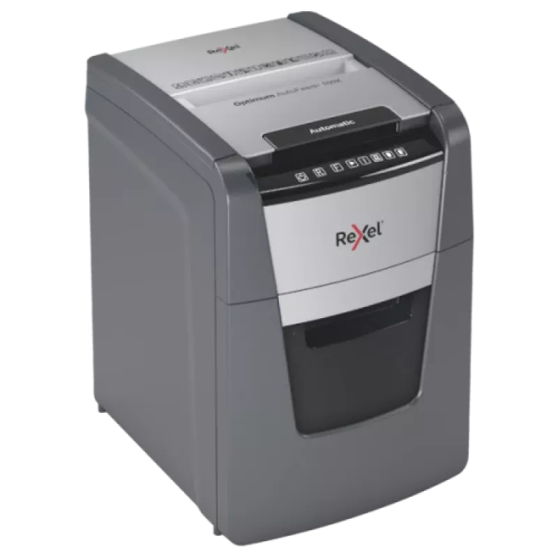 Popieriaus smulkintuvas REXEL Optimum AutoFeed+ 100X — automatinis 100 lapų, kryžminis pjovimas 4 x 28 mm, 34 L krepšelis, aliuminis