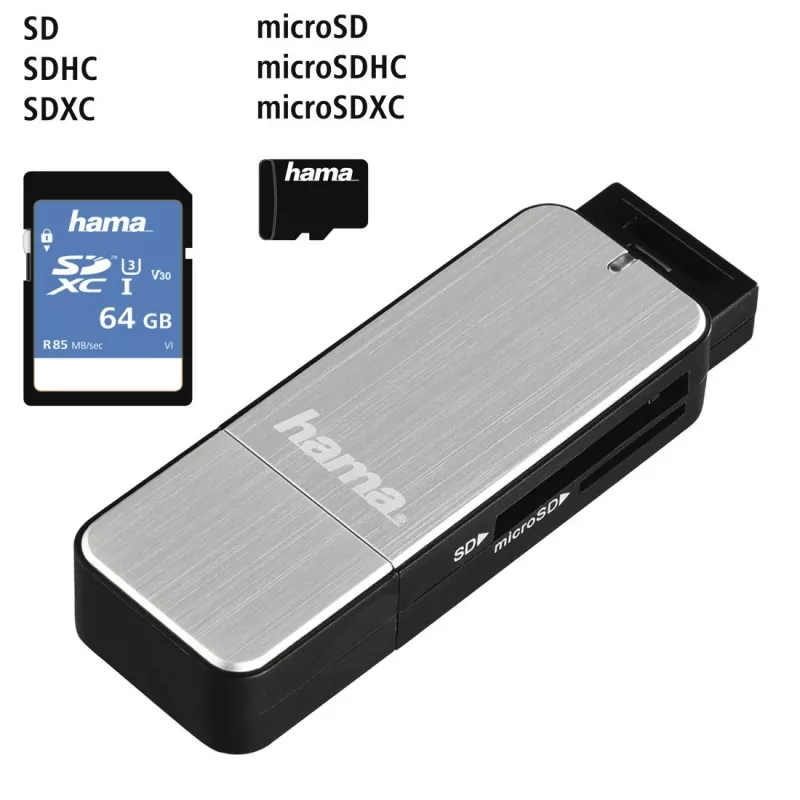 Kortelių skaitytuvas Hama 123900 USB 3.2 Gen 1, juodas, sidabrinis