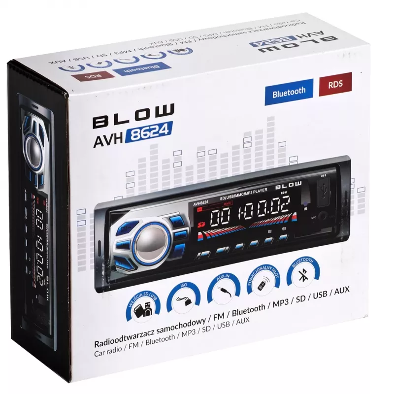 Automagnetola BLOW AVH-8624 – FM RDS, 45W RMS, Bluetooth, USB, MicroSD, AUX, LCD ekranas, nuotolinis valdymas, juoda