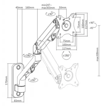 Gembird MA-WA1-02 sieninis laikiklis monitoriui, viena ranka, 17 col.–27 col., VESA 75x75–100x100, max 7 kg, aliuminis, juodas