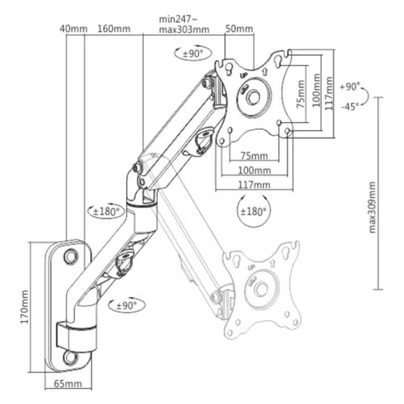 Gembird MA-WA1-02 sieninis laikiklis monitoriui, viena ranka, 17 col.–27 col., VESA 75x75–100x100, max 7 kg, aliuminis, juodas