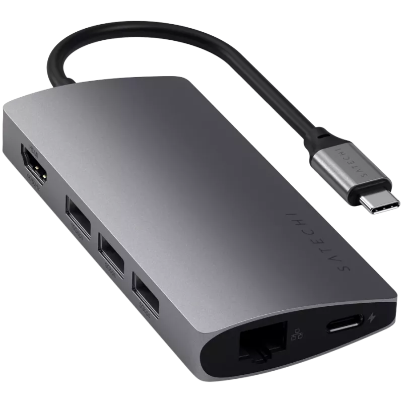 Satechi Aliumininis Adapteris V2 USB-C (USB-C, 3x USB-A, 4K HDMI, SD/microSD kortelių skaitytuvas, Ethernet) (žvaigždžių pilka)