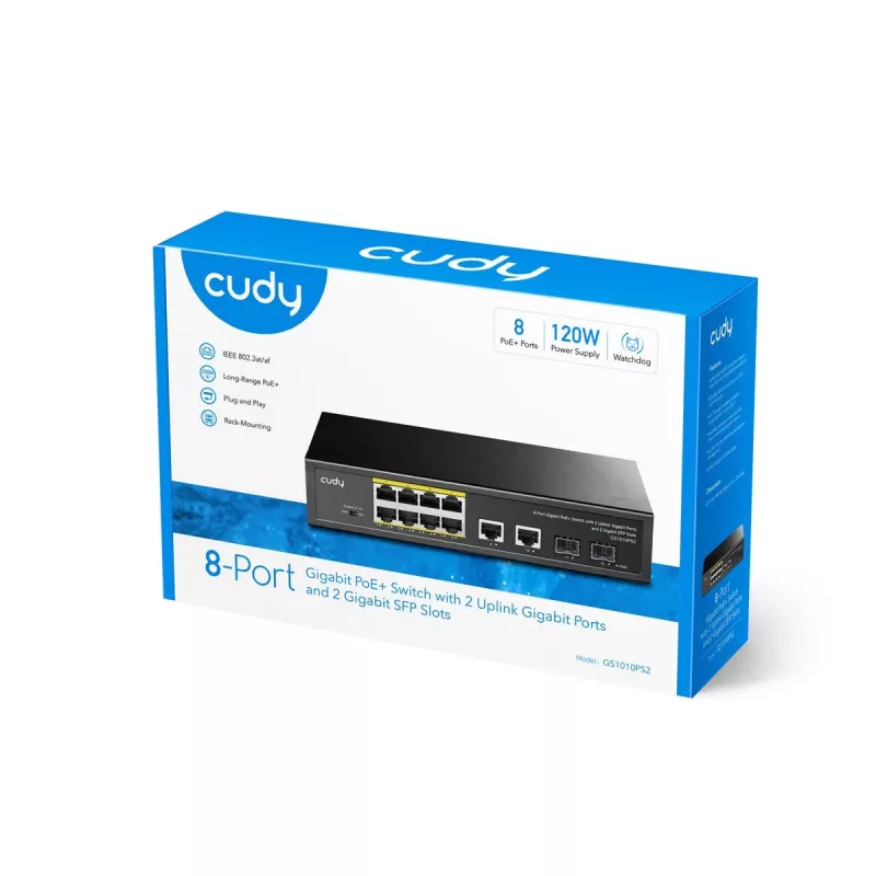 Cudy GS1010PS2 tinklo jungiklis, nevaldomas, Gigabit Ethernet (10/100/1000), PoE, juodas