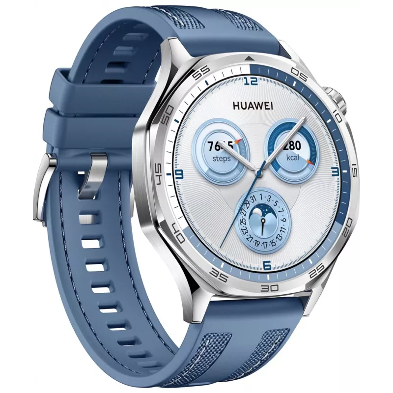 Išmanusis laikrodis HUAWEI WATCH GT5 46mm – 1,43 colio AMOLED ekranas, GPS, 524 mAh baterija, nerūdijančio plieno korpusas, mėlyna austa juosta