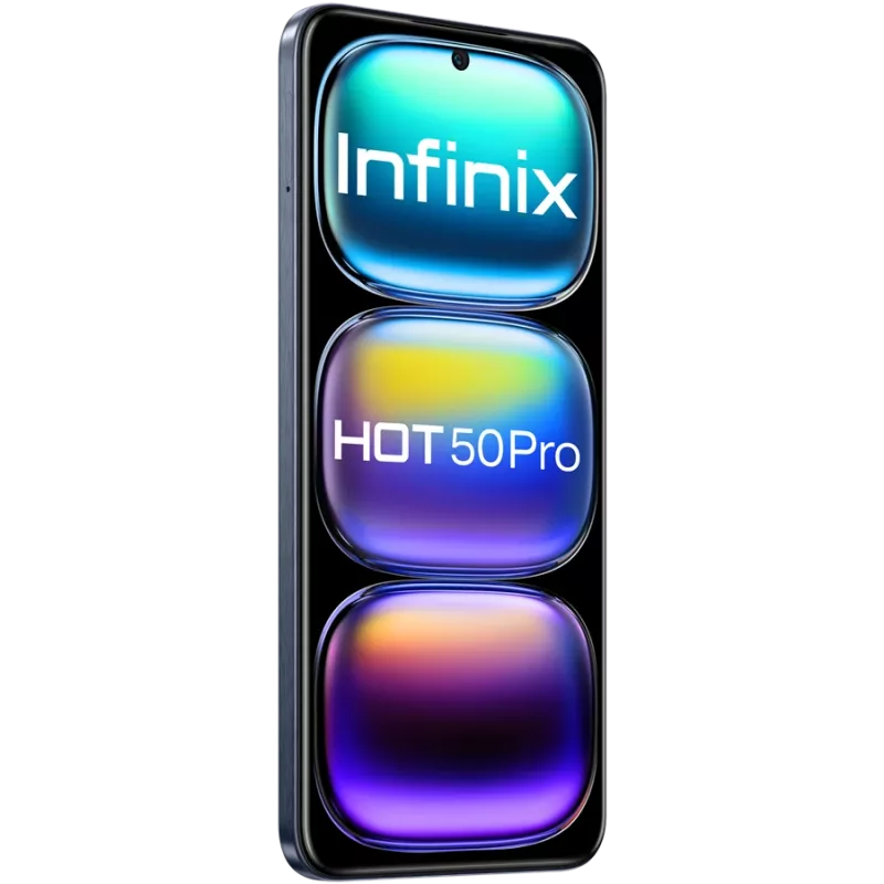 Išmanusis telefonas INFINIX HOT 50 PRO – 6,78 colio (17,2 cm) FHD+ ekranas, MediaTek Helio G100 Ultra, 8 GB RAM, 256 GB atminties, 50 MP kamera, Android 14, 5000 mAh baterija, Dual SIM, IP54, juodos spalvos