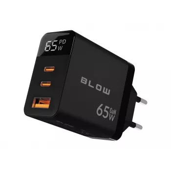 LCD sieninis įkroviklis su USB lizdu + 2x USB-C PD 65W GAN juodas vatmetras