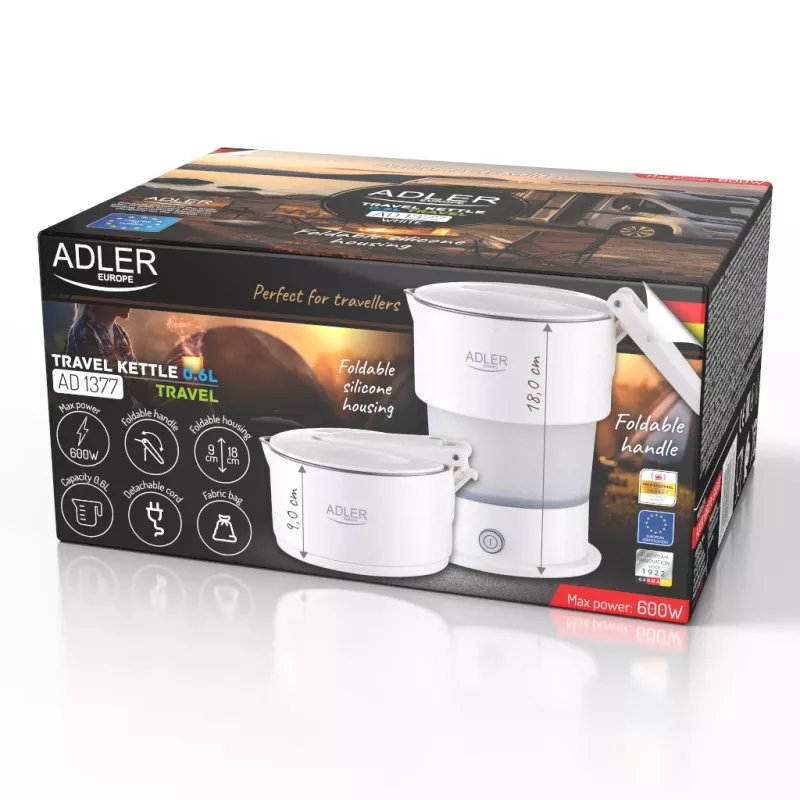 Adler Silicon Travel Kettle AD 1377 – Kelioninis virdulys | 600 W | 0,6 L | Silikonas | Baltas