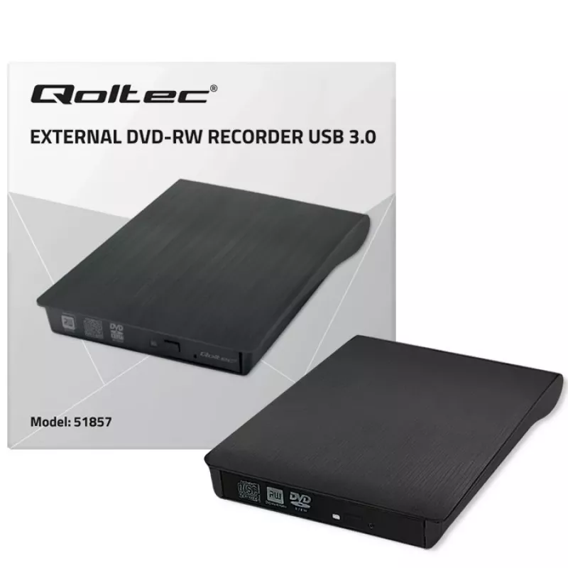 Išorinis DVD‑RW įrenginys QOLTEC 51857 – USB 3.0, SATA sąsaja, DVD±R 8x, DVD±RW 4x, DVD‑RAM 5x, CD 24x, juodas