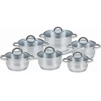 Puodų rinkinys Maestro MR-2120-12 – 12 dalių nerūdijančio plieno su nelimpančia danga, tinkamas indukcinėms kaitlentėms, 6 puodai (16–24 cm) su stikliniais dangčiais