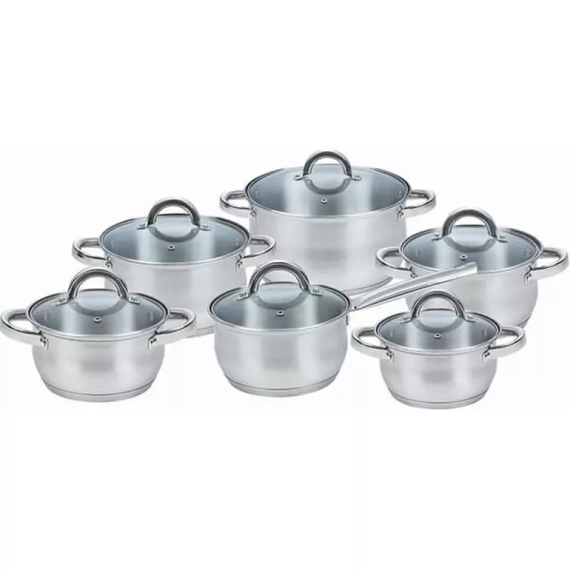 Puodų rinkinys Maestro MR-2120-12 – 12 dalių nerūdijančio plieno su nelimpančia danga, tinkamas indukcinėms kaitlentėms, 6 puodai (16–24 cm) su stikliniais dangčiais