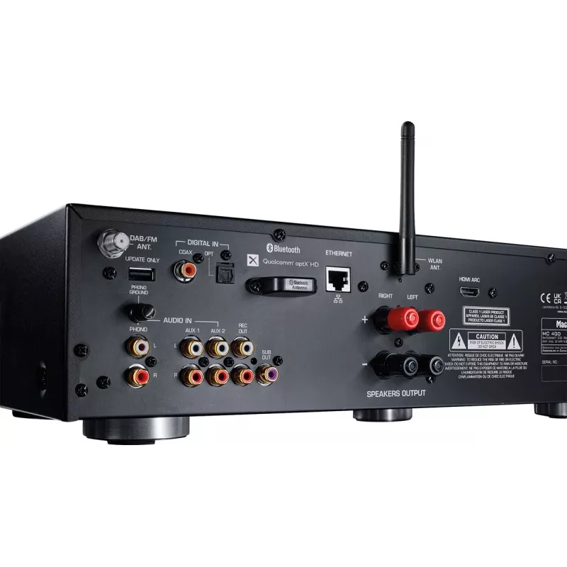 Stereo imtuvas Magnat MC 400 — 2.0 kanalų, 40 W vienam kanalui, CD grotuvas, Wi‑Fi, Bluetooth, DAB/FM, Ethernet (juodas)