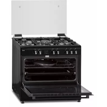 Dujinė-elektrinė viryklė MPM MPM-93-KGM-32 90 cm su dujine kaitlente, elektrine orkaite, 5 degikliais, juoda, energijos klasė A