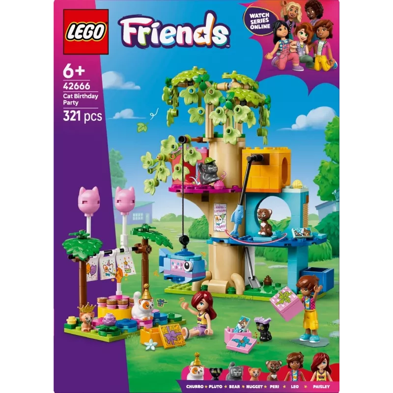 Konstruktorius LEGO Friends 42666 Katės gimtadienio vakarėlio medžio namelis, 321 d., 6+ m., 180×160×100 mm