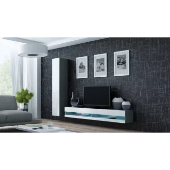 TV spintelė Cama Meble VIGO NEW 30/140/40 — 1400×400×300 mm, pilkas viršus, pilkas rėmas, balti blizgūs fasadai