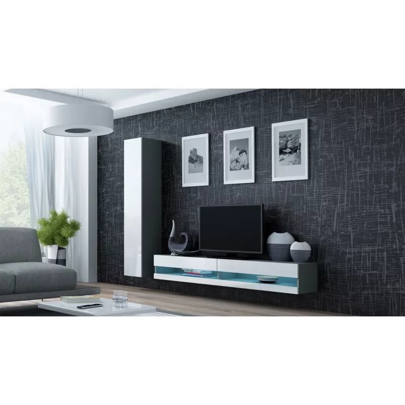 TV spintelė Cama Meble VIGO NEW 30/140/40 — 1400×400×300 mm, pilkas viršus, pilkas rėmas, balti blizgūs fasadai