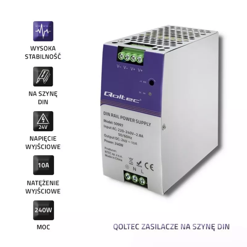 DIN bėgelio maitinimo šaltinis QOLTEC 50997 240W 24V 10A