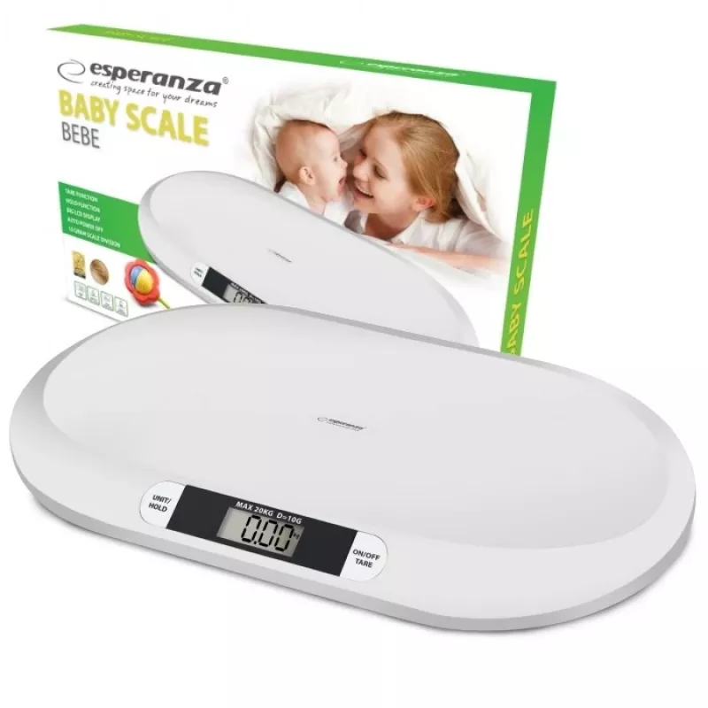 Elektrinės kūdikių svarstyklės ESPERANZA EBS019 – 0,03–20 kg, 0,01 kg padala, didelis LCD ekranas, balta