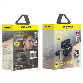 Awei T50 belaidės ausinės Bluetooth 5.3 TWS su įkrovimo dėklu / Juodos