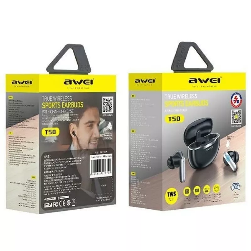 Awei T50 belaidės ausinės Bluetooth 5.3 TWS su įkrovimo dėklu / Juodos