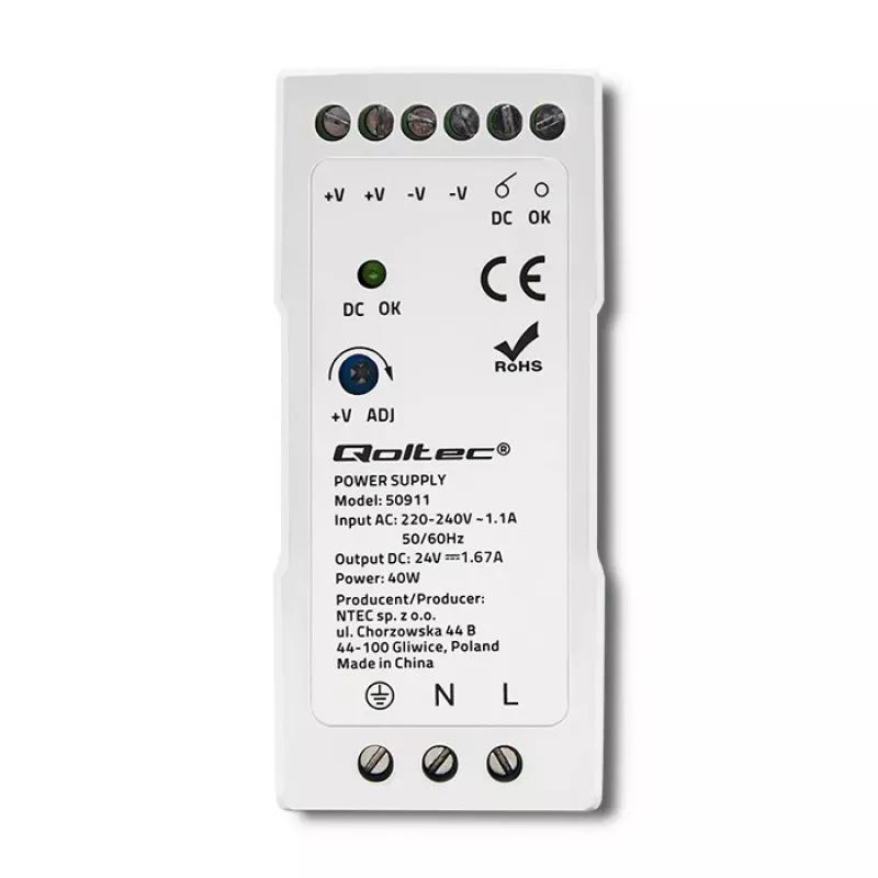 Qoltec maitinimo šaltinis bėgeliui DIN | 40W | 24V | 1,67A | Baltas | Plonas