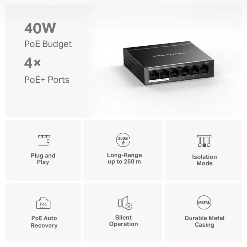 Mercusys 6 prievadų 10/100Mbps darbalaukio jungiklis su 4 PoE+ prievadais