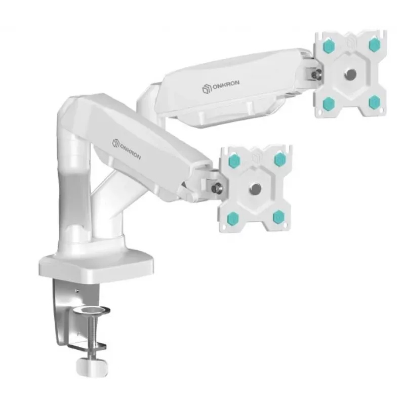 ONKRON G160-W sukamas ir palenkiamas stalo laikiklis dviem 13-32 colių monitoriams, iki 8 kg, baltos spalvos
