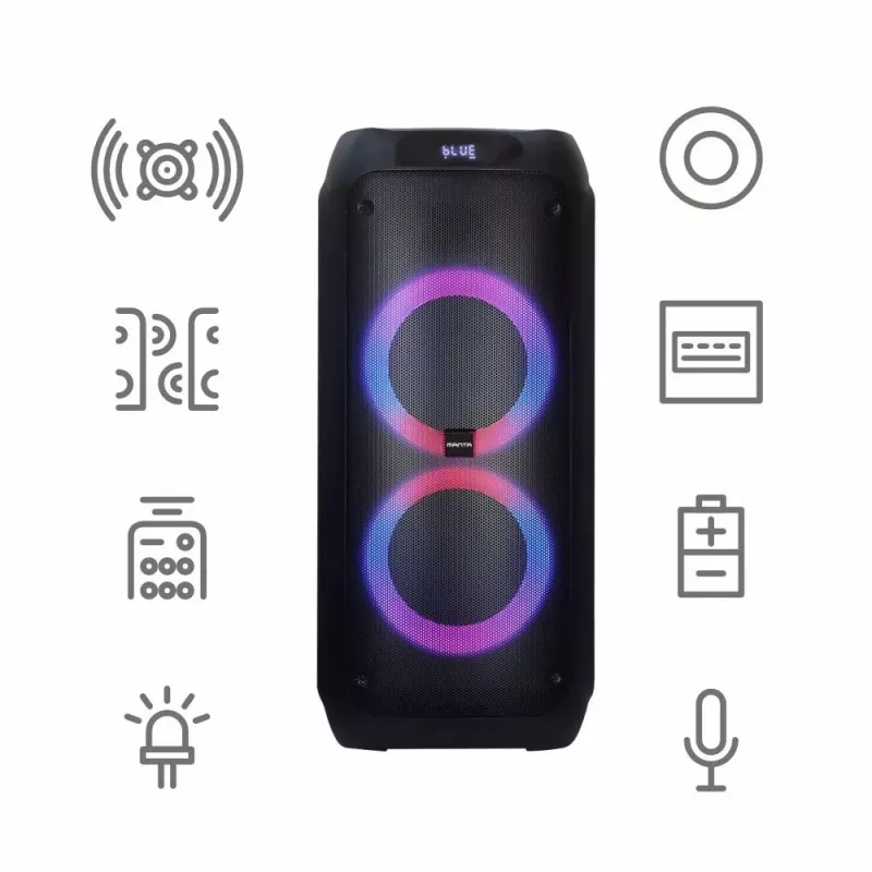 Nešiojamas garsiakalbis MANTA ATTIS SPK0802 120W, Bluetooth, laidinis įėjimas, įkraunamas, FM, LED lemputės