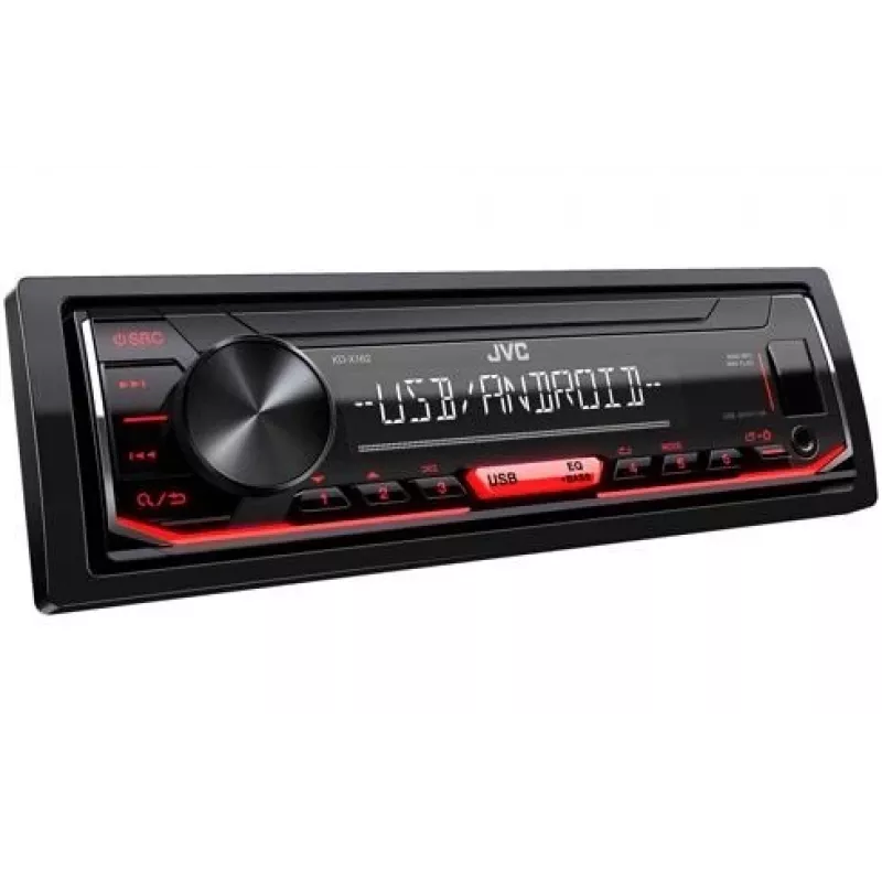 Automobilinis medijos imtuvas JVC KD-X162 1 DIN, 200 W, 24 bitų DAC, FLAC/MP3/WAV/WMA, priekyje USB Type-A, 3,5 mm, LCD 2 eilučių, juodas