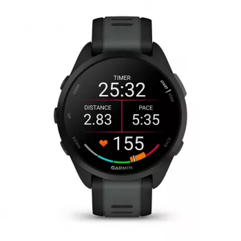 Garmin Forerunner 165 Music – juodas sportinis laikrodis su silikoniniu dirželiu, pilkai šiferio spalvos, 1,2 colio ekranas, 126–203 mm riešo apimtis (010-02863-30)